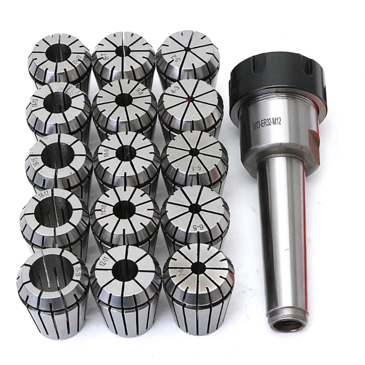 16pcs/set ER32 Collet Chuck Holder MT3 M12 Morse Taper + ER32 Spring Collets ID 3-20mm For Lathe Milling Tools