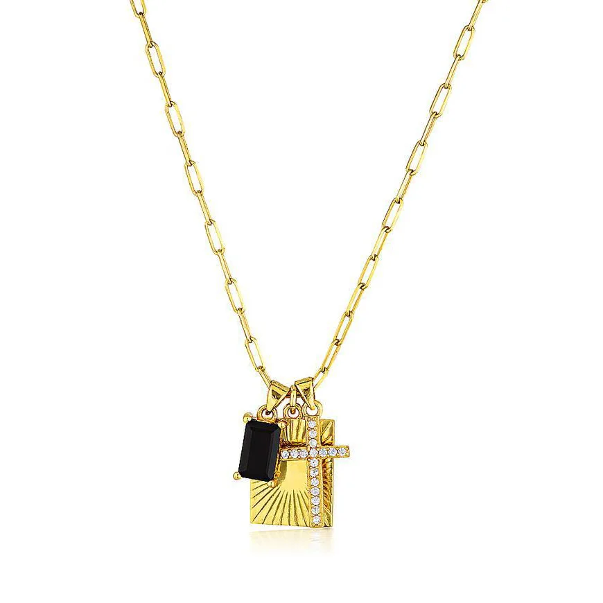 Stainless Steel Square Sun Pendant Paperclip Chain Necklace 18K Gold Layered Lock Cross Black Onyx Charm Necklaces