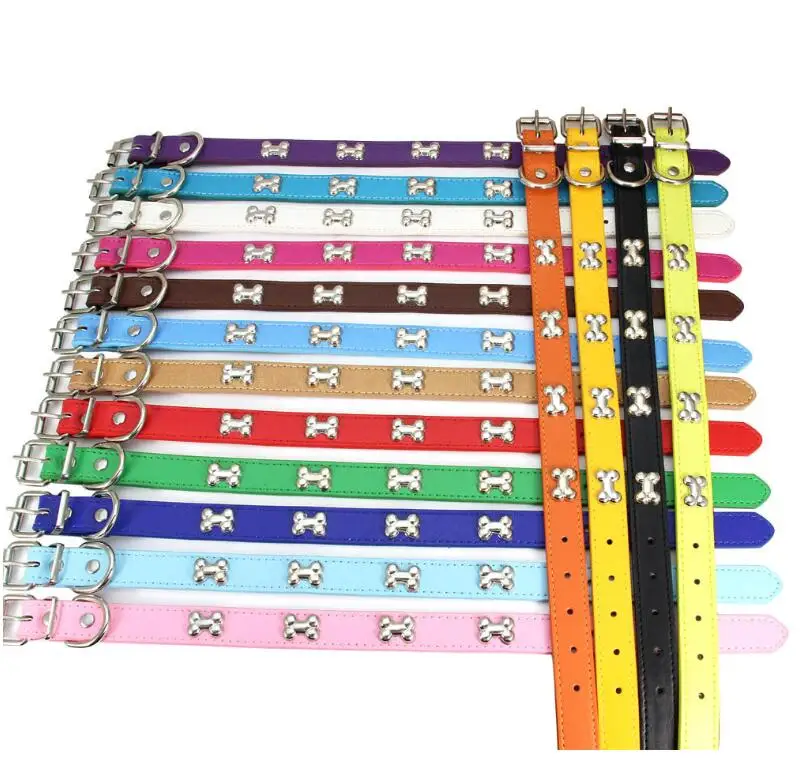 Dog products 15 colors studded bone dog leather collar for wholesale Adjustable pet collars