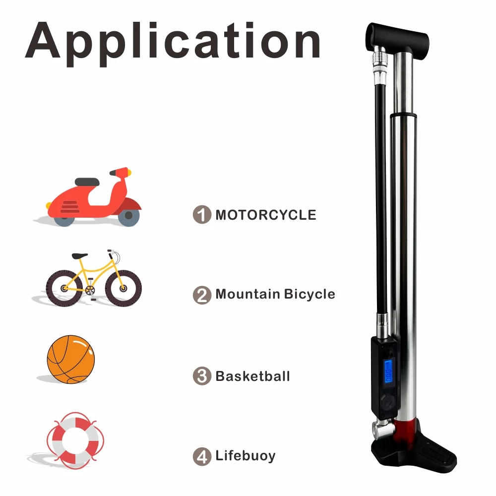 Converted Schrader Presta L-Shape valve 150psi Portable Bicycle Floor Pump with Electric Pressure Gauge