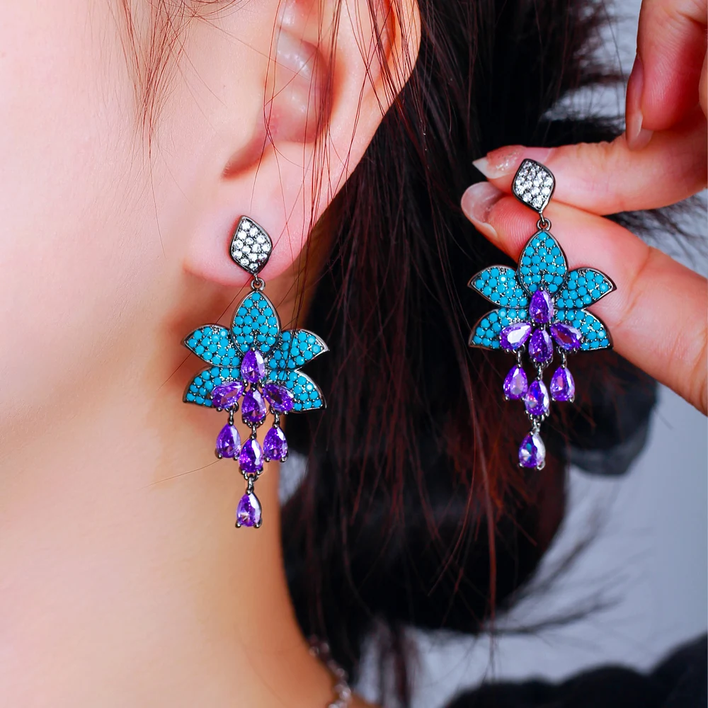 Unusual Design 2024 Party Cubic Zircon and Turquoise Stone Long Drop Purple Earrings for Women Jewelry Accessories