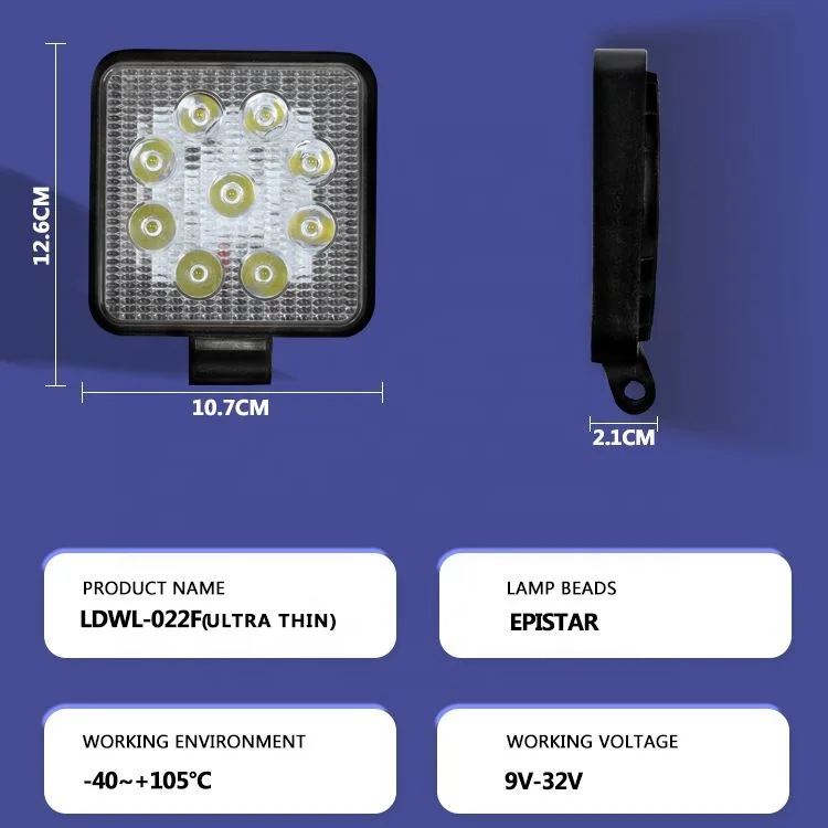 Truck accessories square 27w super bright epistar 27w led work lamp off road bars 24 volt 12V led work light