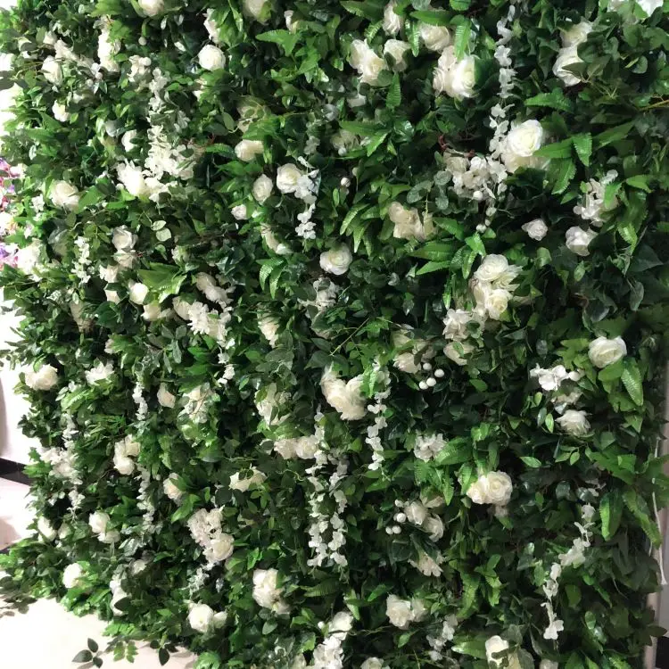 2024 Hot Sale 8x8 3D Green Flower Wall Roll UP Curtain White Rose With Green Leaf  Flower Wall Panel Backdrop Wedding Decor