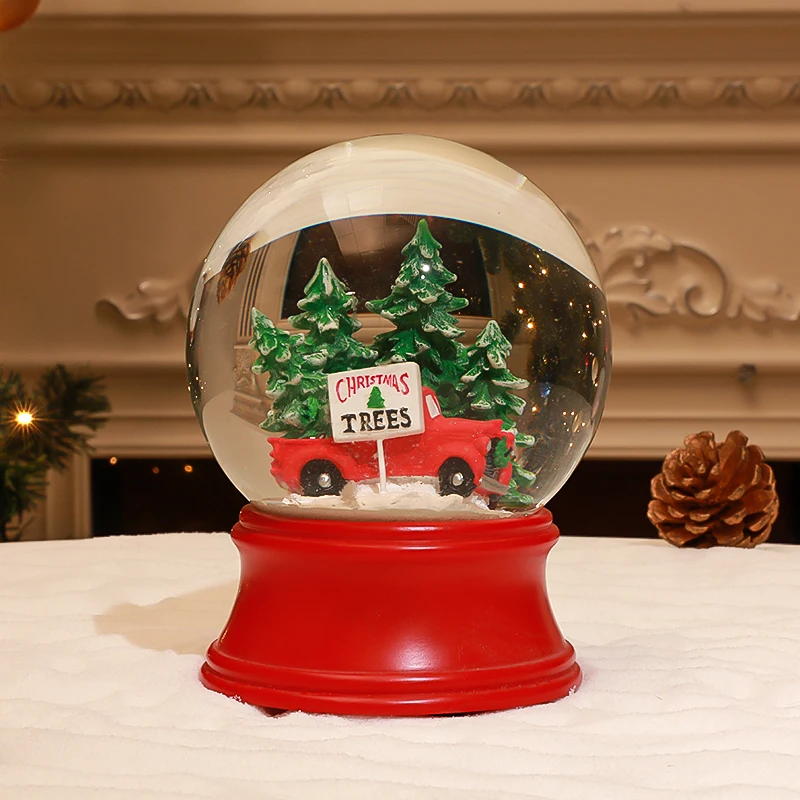 Custom Tree Snow Globe Resin Water Globe Glass Blowing Snow Tree Red Car Red Base Christmas Decor Gift Music Resin Snow Globe