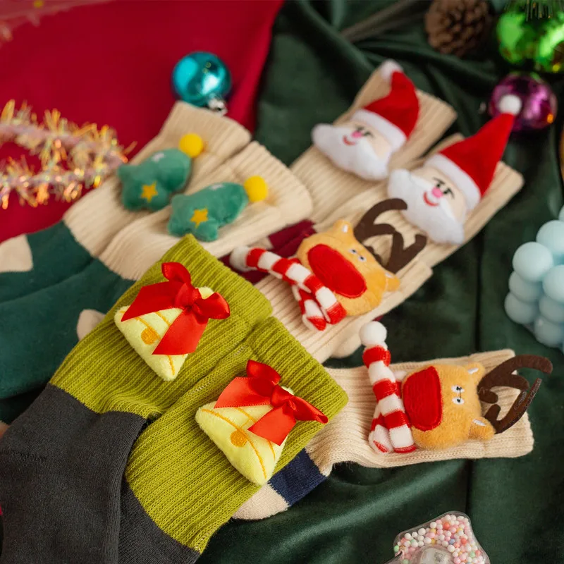 Jingwen OEM Calcetines Navidenos Winter Terry Christmas Baby Socks With Ribbons