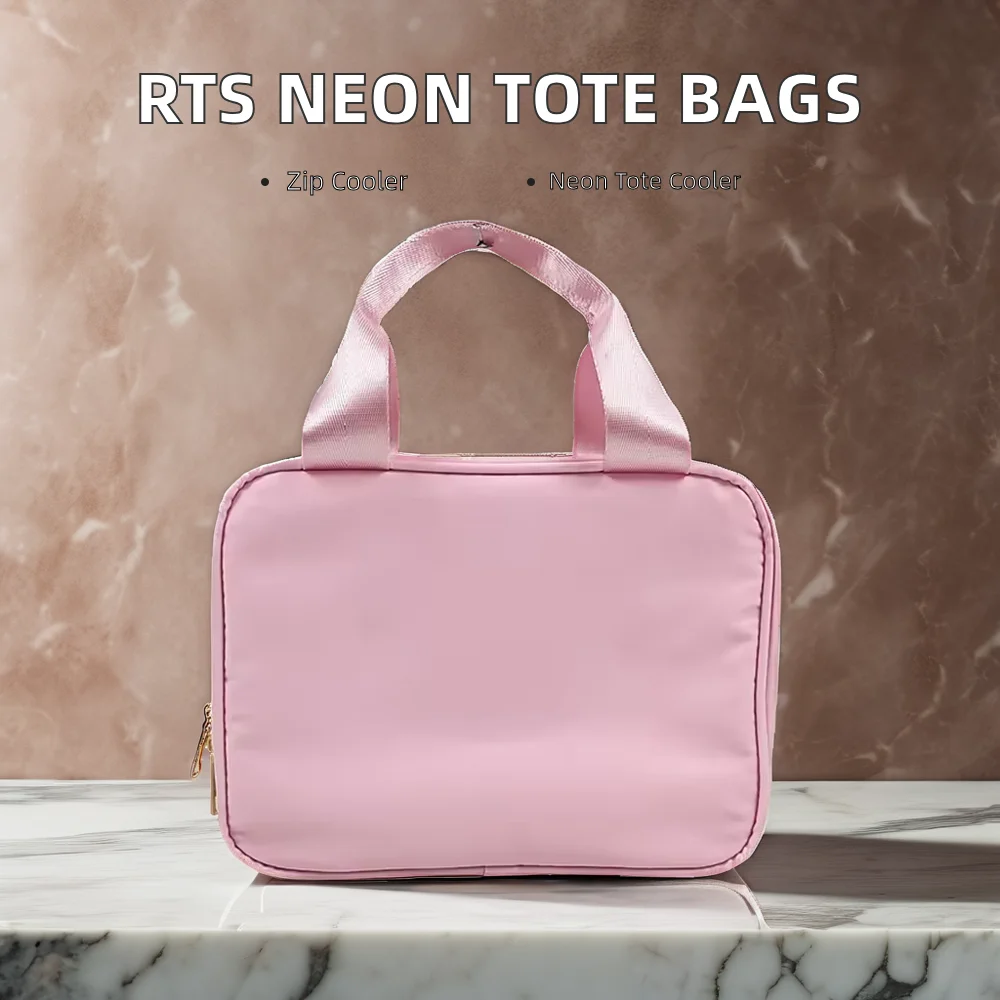 Neon Pink Nylon Insulated Thermal Lunch Tote Bag Lightweight Portable Zipper Cooler for Beach Use RTS In-Stock