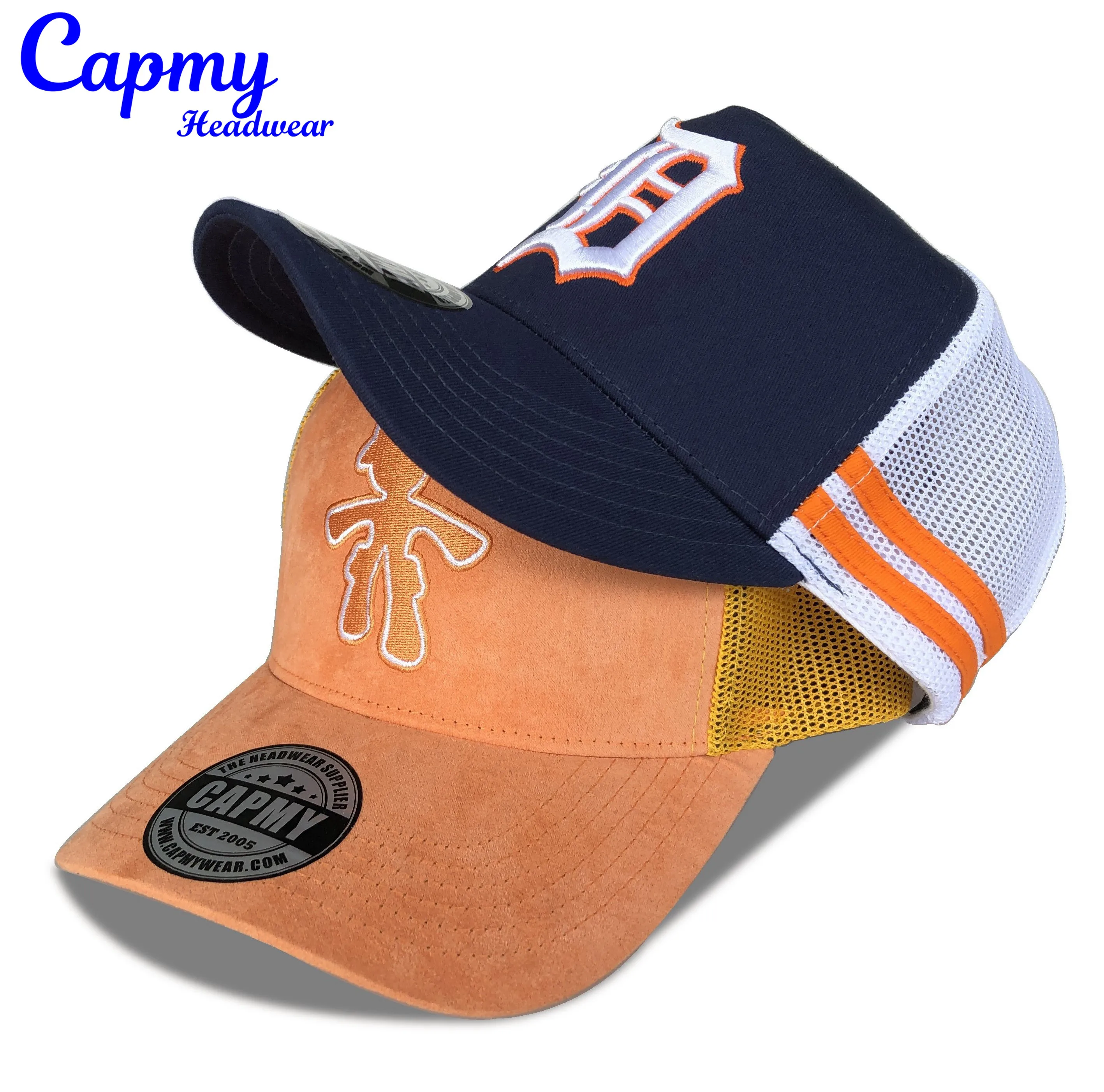 High Profile Mold Two-tone 100% Cotton Fabric 5 Panel Trucker Hat Customized 3d Embroidery Logo Mesh Suede Strip Trucker Cap