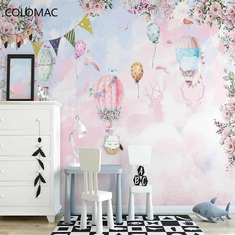 Custom 3D Photo Cartoon Hot Air Balloon Pink Cloud Flowers Wallpaper for Kids Girls Bedroom Peel And Stick Wallpaper Murals