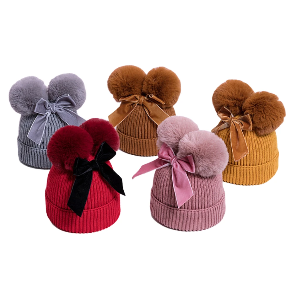 D2405 Baby Kids Warm Winter Beanie Hat Infant Toddler Cotton Lined Velvet Bowknot Wool Knitted Hat Bow Double Pom Pom Beanies