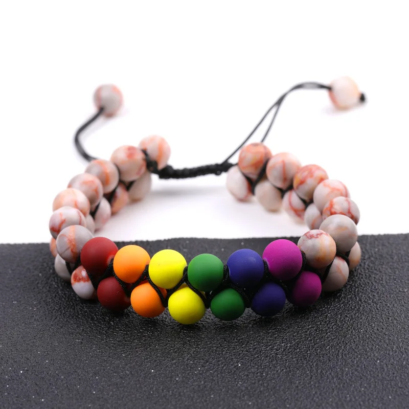 8mm Black Agate Bracelets Seven Chakra Stone Adjustable Double Woven Yoga Relax Bracelet For Women Men