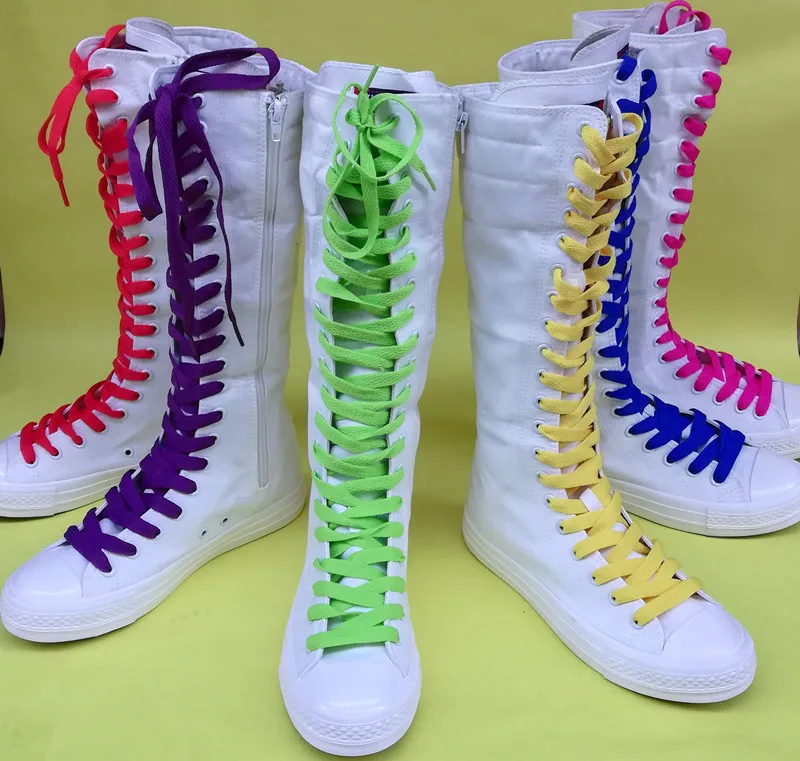 2023 Fashion Knee High Rubber Canvas Shoes Vulcanize Shoes Flat Women High Top for Girls Custom Made