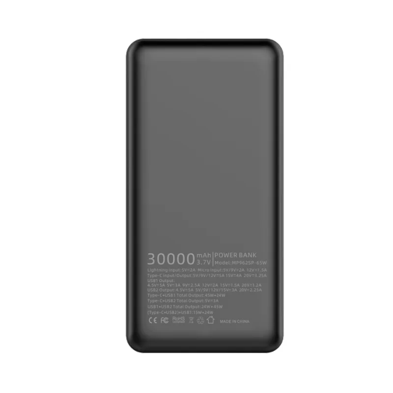 
Large capacity Qc3.0 65w pd power bank 30000mah fast charger usb type c for Laptops Samsung Dell 