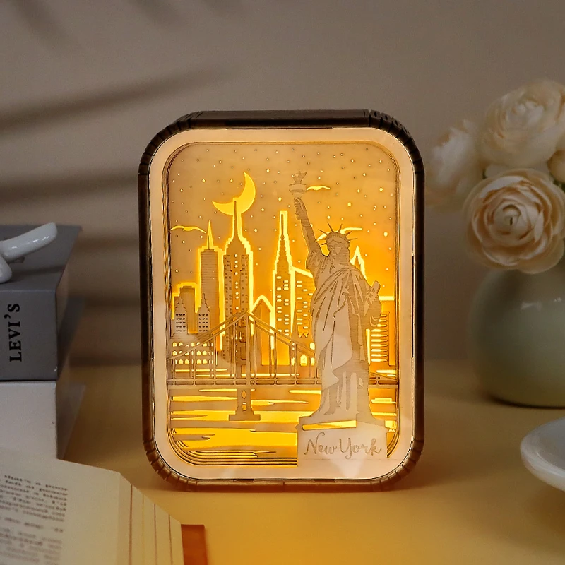 Home Decor Luxury Custom City Landscape Wood Frames LED Night Light Wooden Lighting Desk Lamp 3D Nightlight Christmas Gift Items