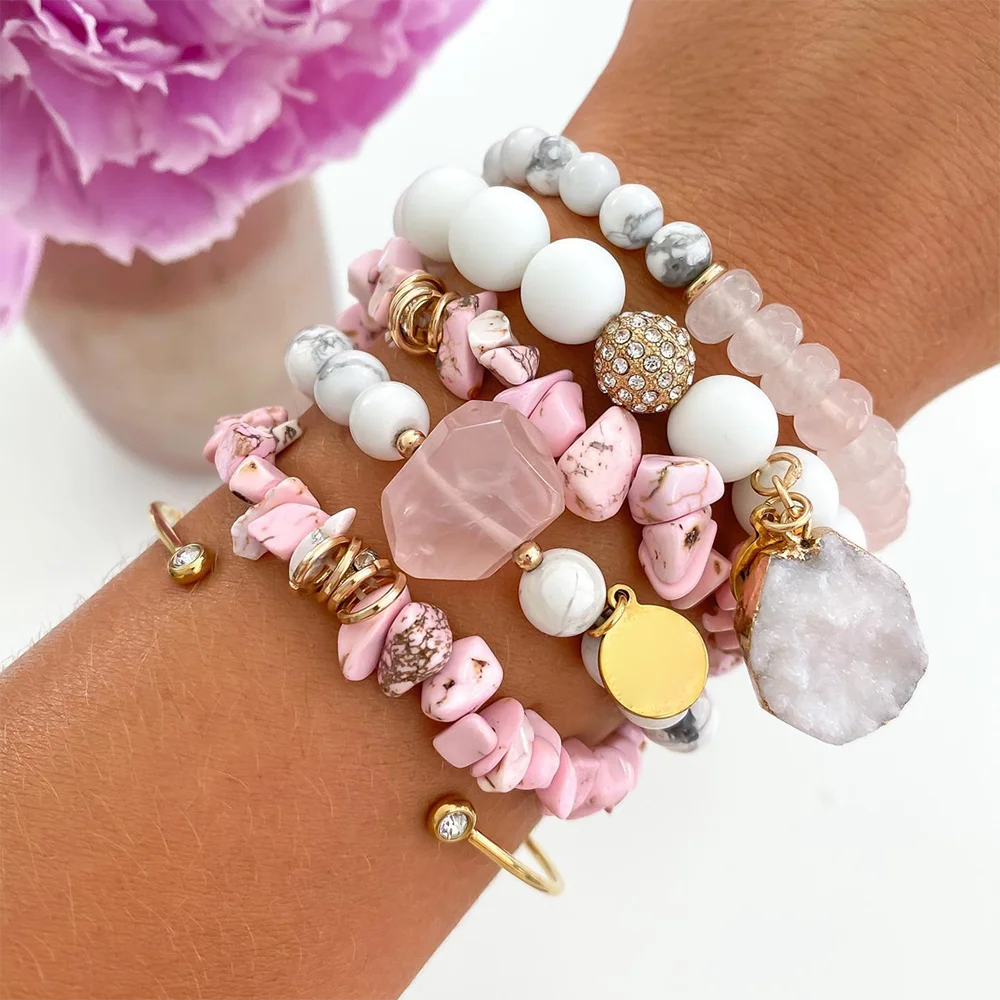 Boho Natural Stone Druzy Agate With Rose Quartz Crystal Howlite Stacked Beaded Bracelet Set,Healing Gemstones Gift for Her