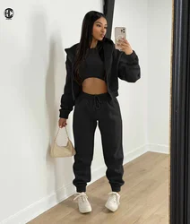 2022 Top Sale Custom Logo Thick Hooded Sweatsuit Solid Tracksuit Thread Vest With Hoodie Jacket 3 Piece Jogging Sets