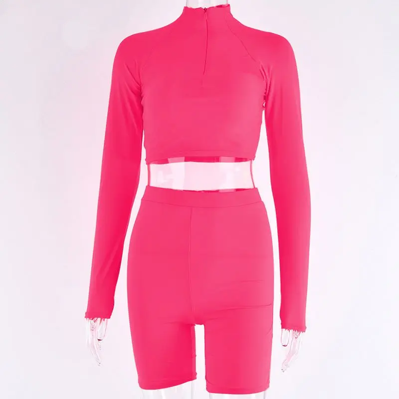 Two Piece Set Fluorescent Green Top Shorts Suit Sexy Turtleneck Long Sleeve Bodycon Sport Suit Casual Femmal Tracksuit