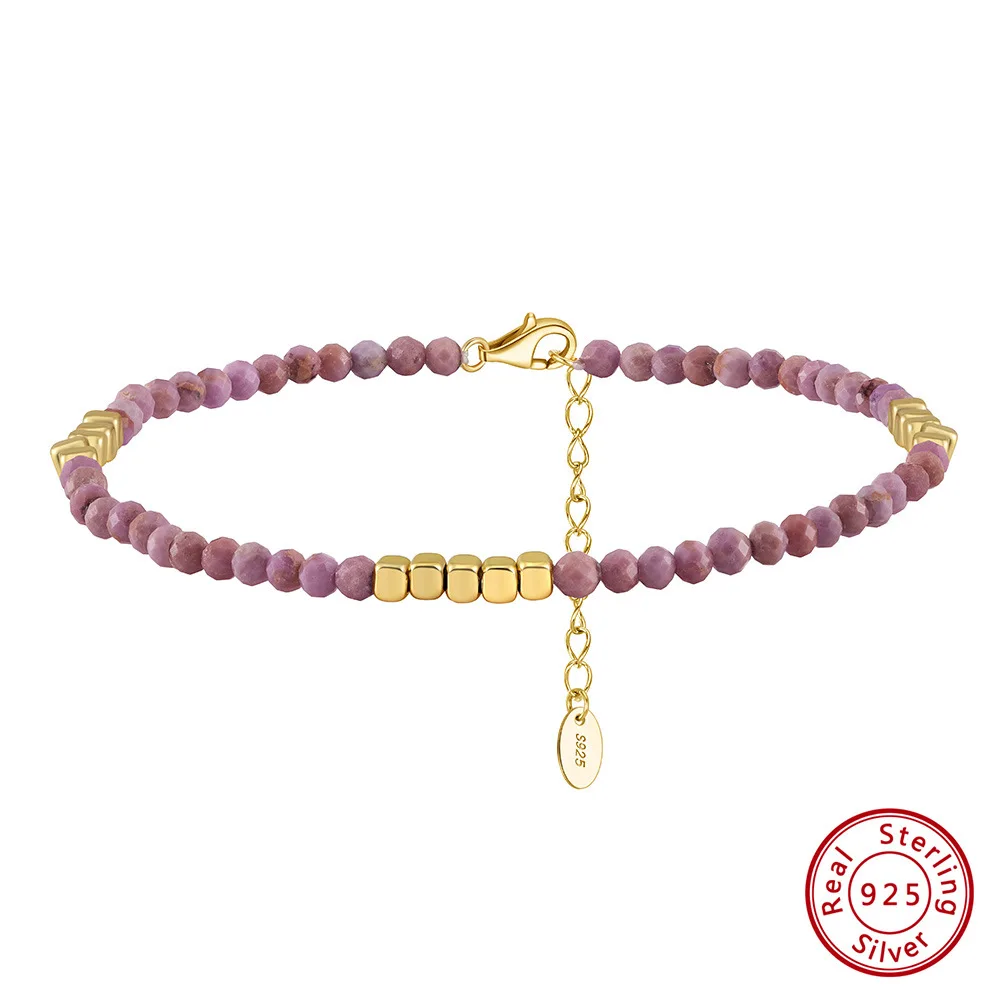 Anklet Purple Mica Stone square Gold Block S925 Sterling Silver Summer Seaside Ornament Factory Batch Anklet