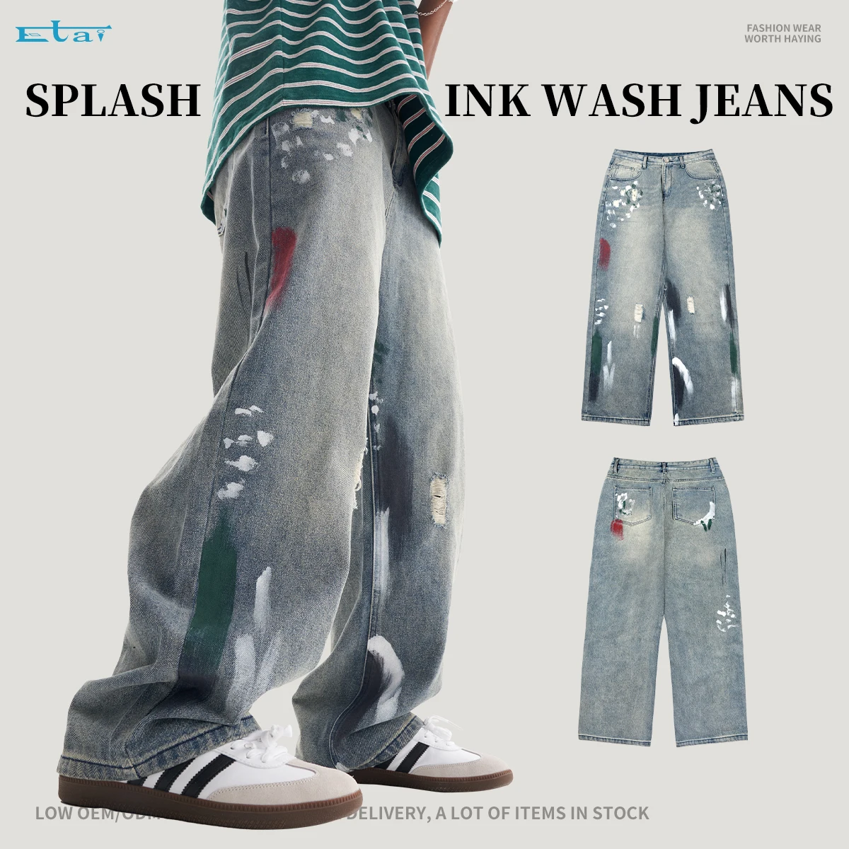 high quality distressed wide leg mens jeans streetwear clothes cargo pants baggy custom denim jeans for men