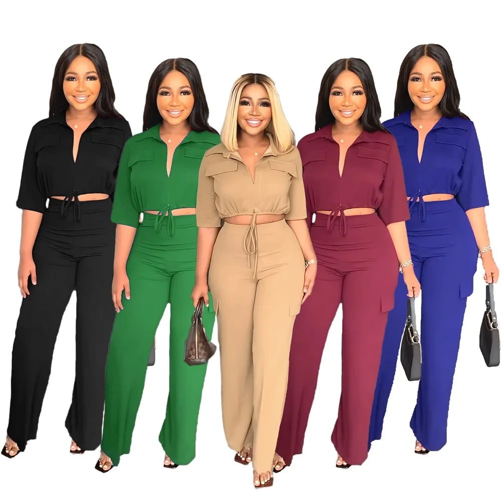 Hot Sales Women Fall Sets 2023 Solid V-Neck Two Piece Outfits Set Mid Sleeves Top Wide Leg Cargo Pants Women Two Piece Set