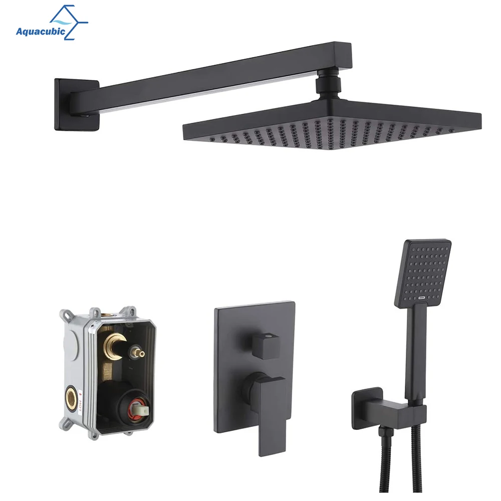 Aquacubic Shower System 10 Inches Ceiling Black Tub Faucet Set with Square Rain