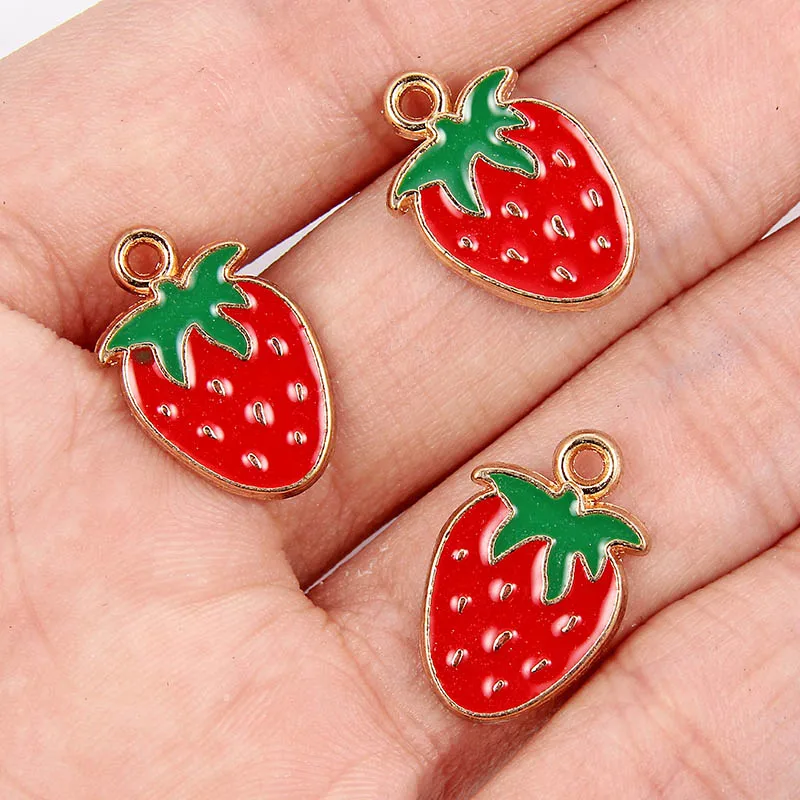 Gold Color Enamel Small Red Strawberry Charms Pendant Fit Women Girls Necklace Bracelet DIY Making Jewelry Accessories