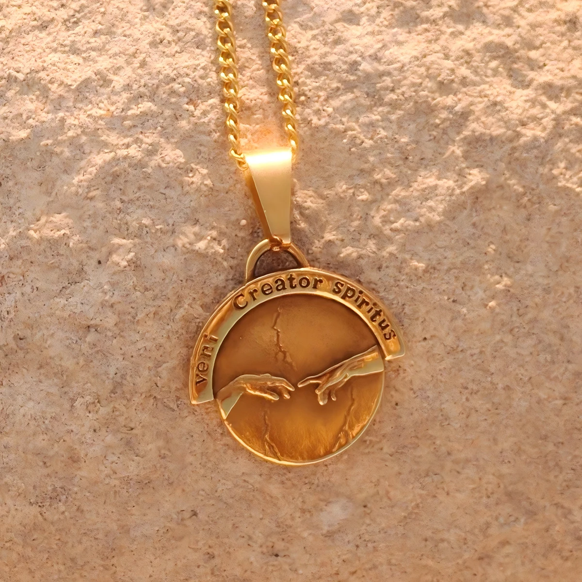 Stainless Steel Veni Creator Spiritus Creation Of Adam Pendant Necklace