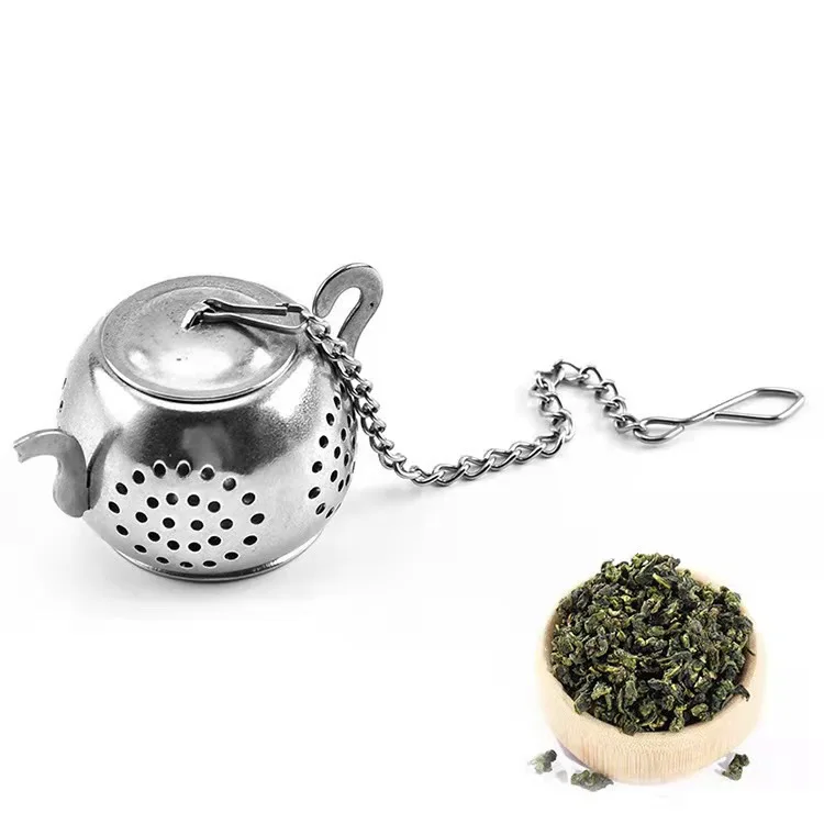 JTX415 Teapot Shape Loose Tea Infuser Stainless Steel Leaf Tea Maker Strainer Chain Drip Tray Herbal Spice Filter Tea Strainer