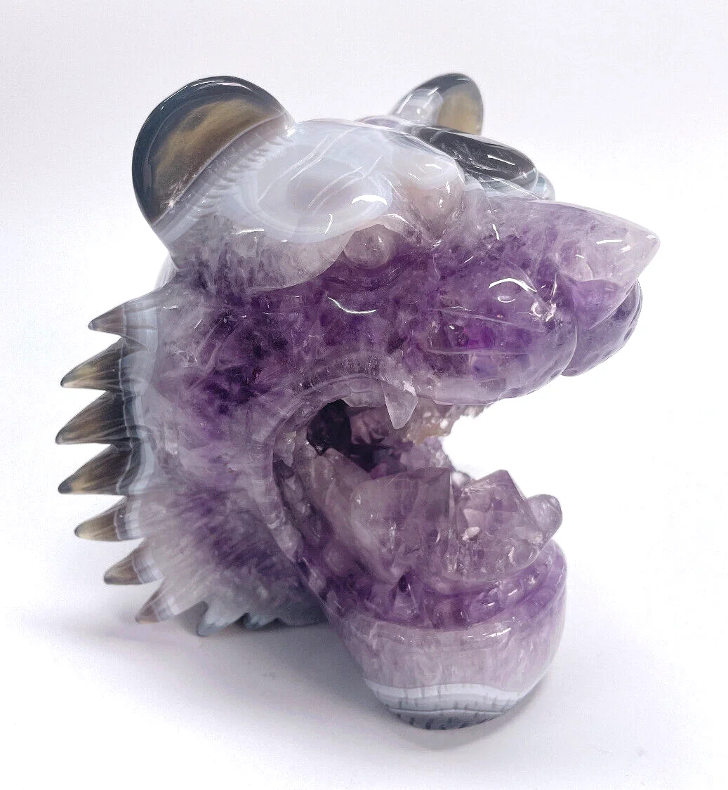 Wholesale Natural Crystal Animal Skull Amethyst Agate Geode Hand Carved Tiger Head