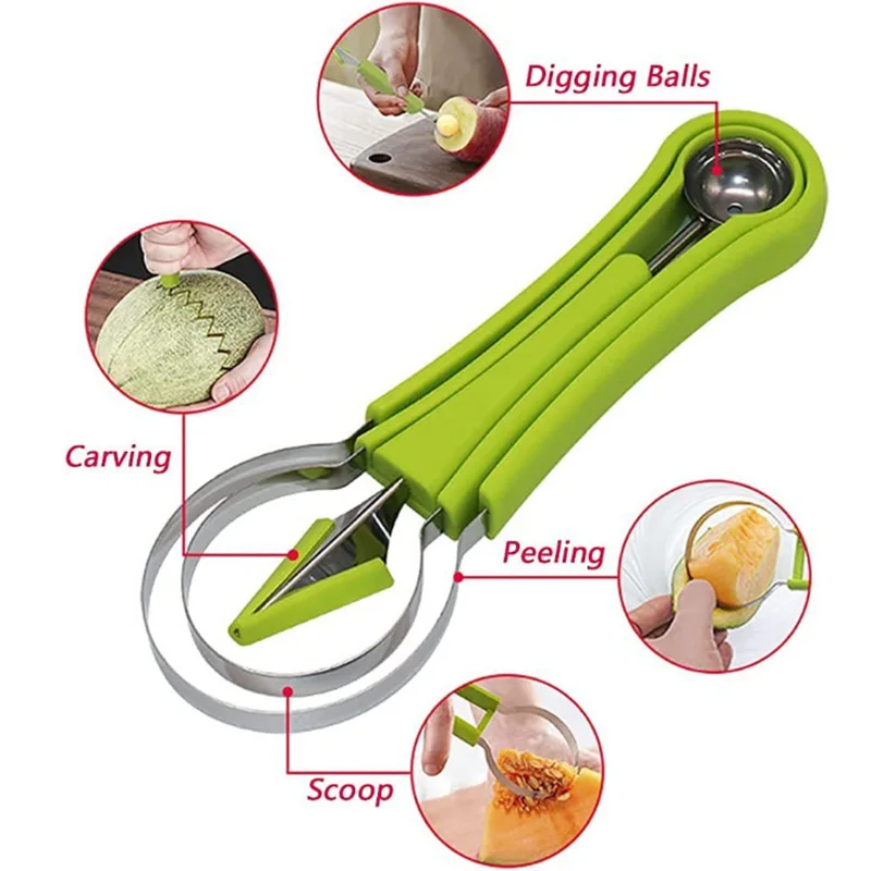 4 In 1 Fruit Ball Carving Knife Kiwi Fruit Scoop Melon Digger Fruit Jar Mashed Potato Baller Ice Cream Kitchen Tools