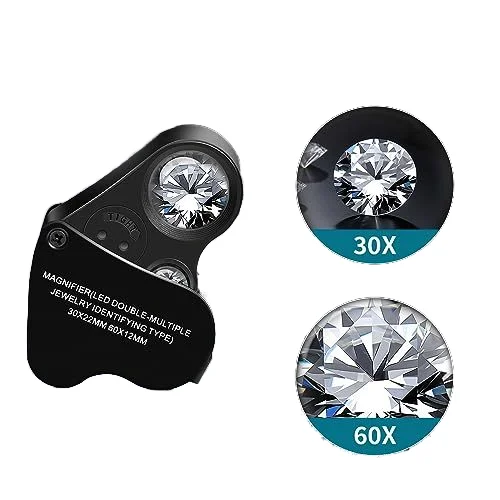 30X 60X Foldable Mini Double Jewelry Magnifying Glass LED Light Jewlery Magnifier Loupes for Gems Coins Stamps Observation