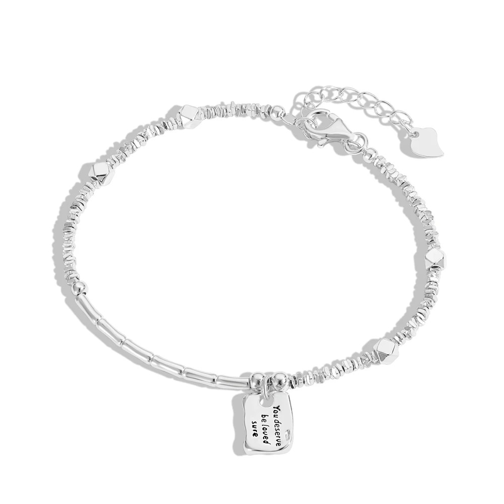 Dylam Stylish Hypoallergenic 925 Sterling Silver Irregular Broken Beaded Silver Pendant Bangle Bracelet for Women Gifts