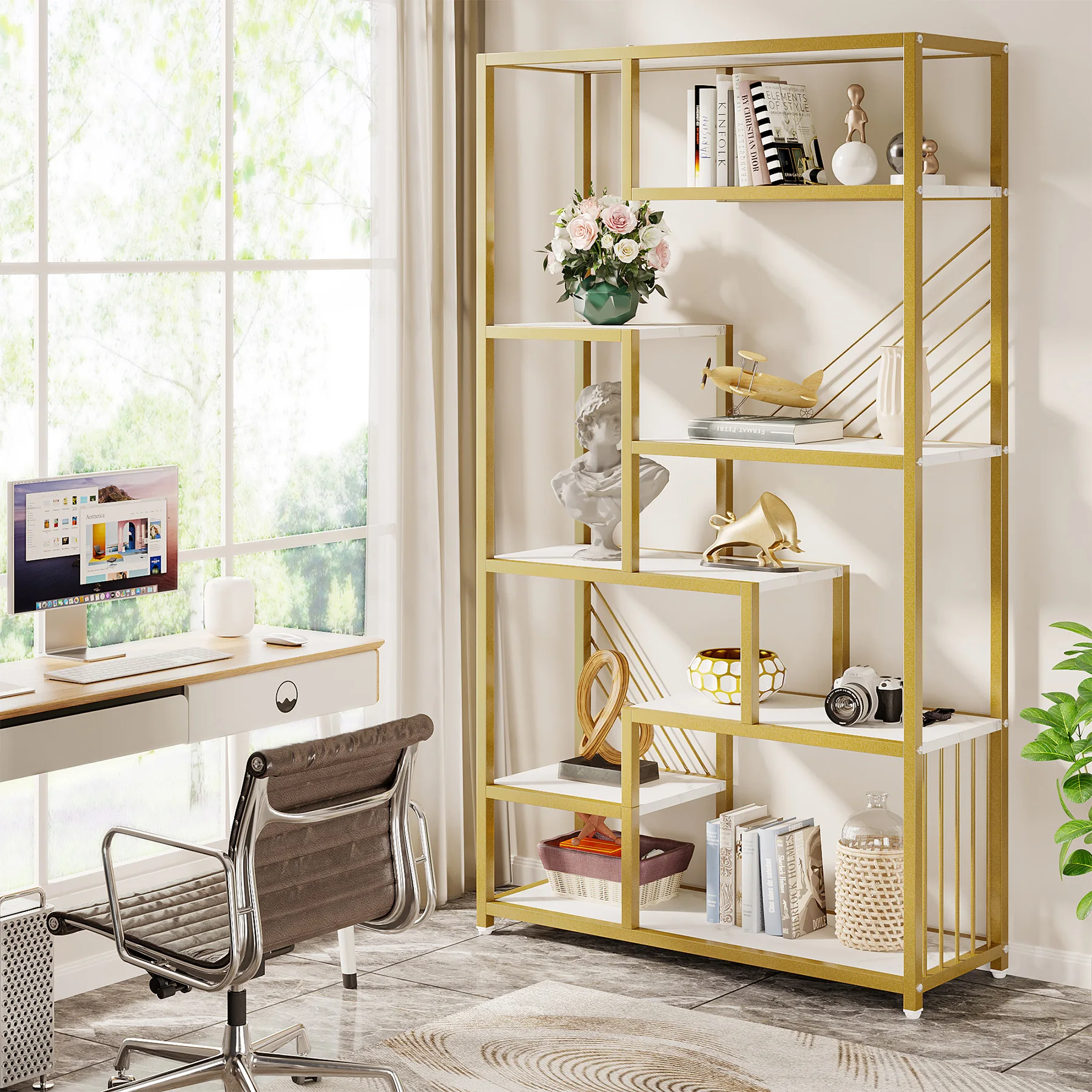 Modern wooden open-back marble white gold floor standing bookshelf unit with storage shelves
