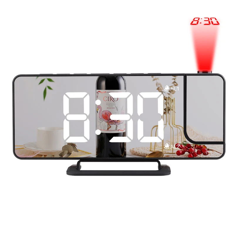 Electronic Digital Led Wall Projection Table Desk Alarm Clock with Mirror Screen and USB phone charing port