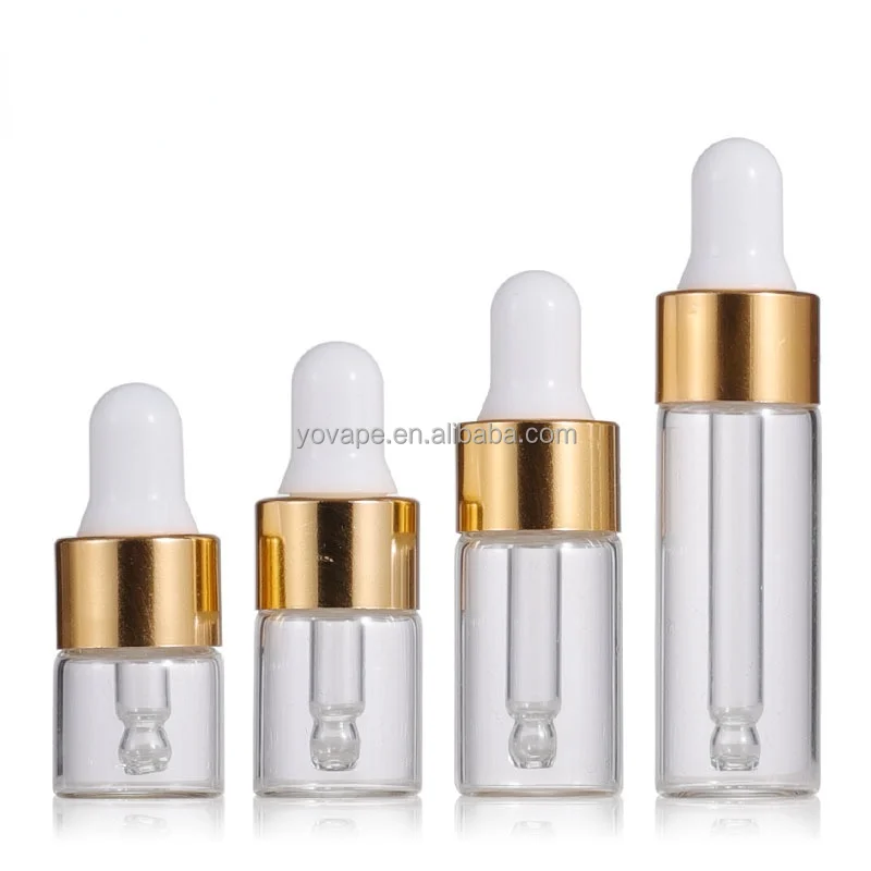 RTS in stock Cosmetic Essential Oil 1ml 2ml 2 ml Dispensing gold mini small vials Serum glass dropper bottle with Silver Collar