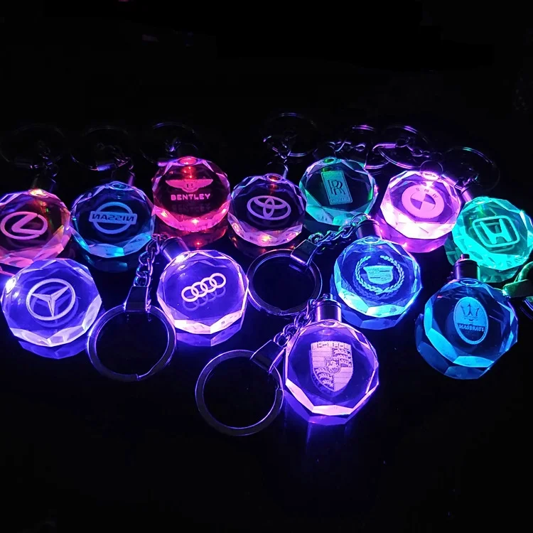 Customized 3D laser engraved car logo LED light Crystal key chain key ring promotional gift