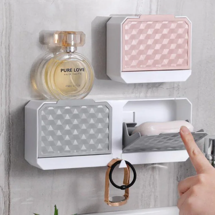 Vertical Single Double Grids Design Nail-free Wall Hanging Drain Lid Dust-proof Soap Box Plastic Shower Bathroom Products
