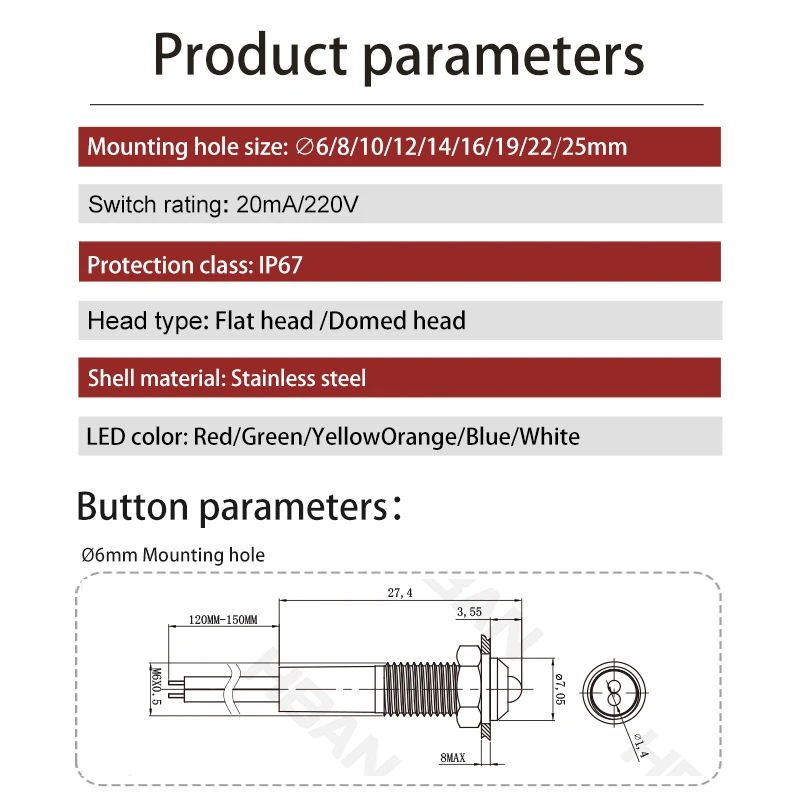 ip67 6mm domed head stainless steel metal indicator lamp led pilot light 120v 24v with wire