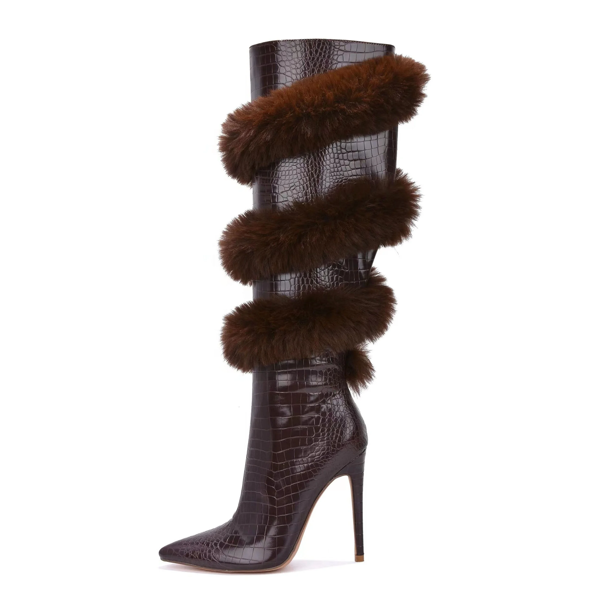 New Fashion Women Boots Designer Pointed Toe Leather Knee Boots Sexy Winter Fur Over The Knee Boots