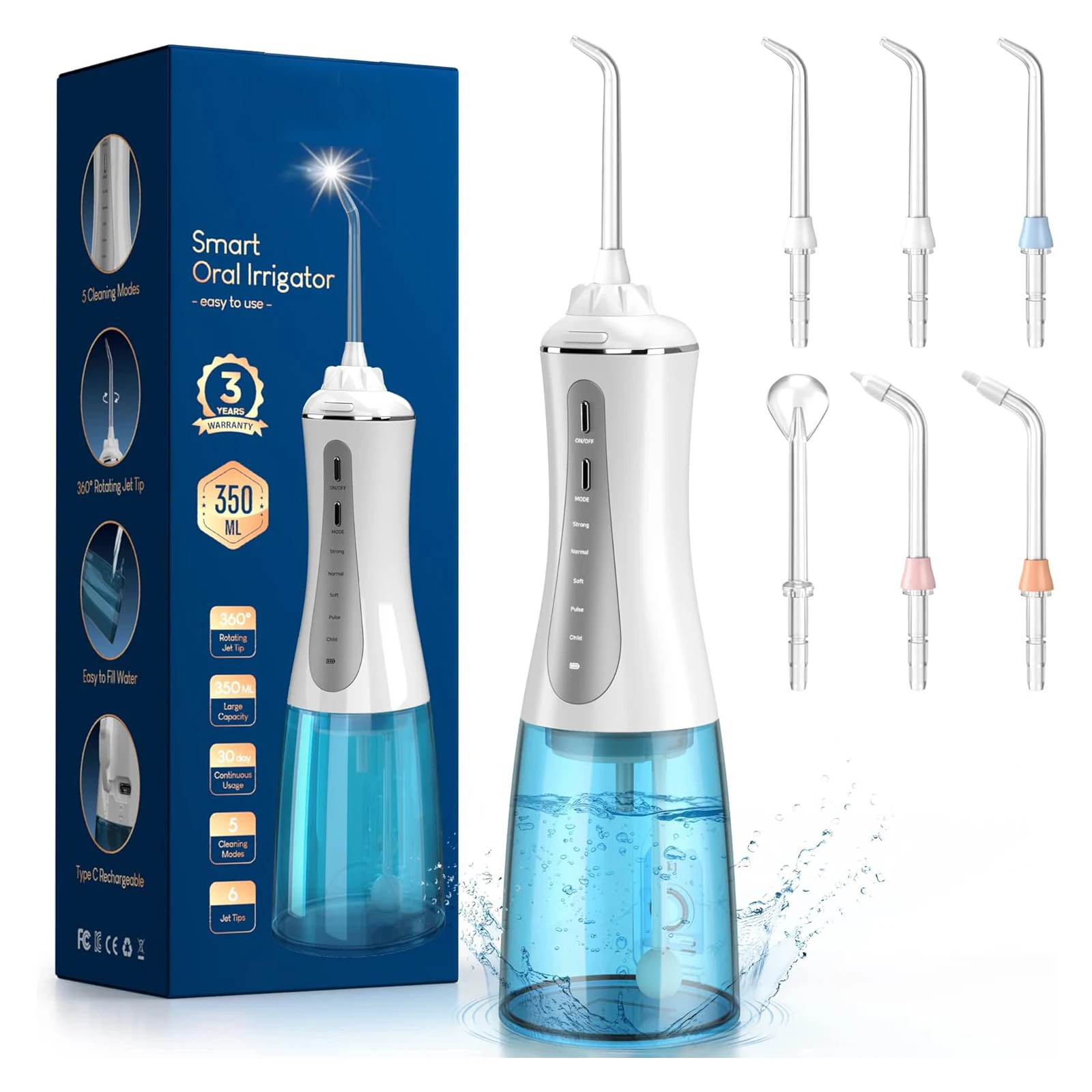 Ipx7 Waterproof Smart Portable Dental Oral Irrigator Water Pick Flosser With 5 Adjustable Pressure 6 Nozzles For Teeth Cleaning