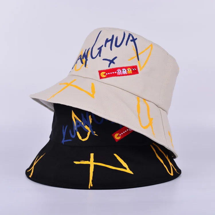 Dvacaman 2021 Hip-hop Fashion Fishermen Hat 2 Colors Chic Letter Print Graffiti Cotton Bucket Hat for Unisex Summer Spring