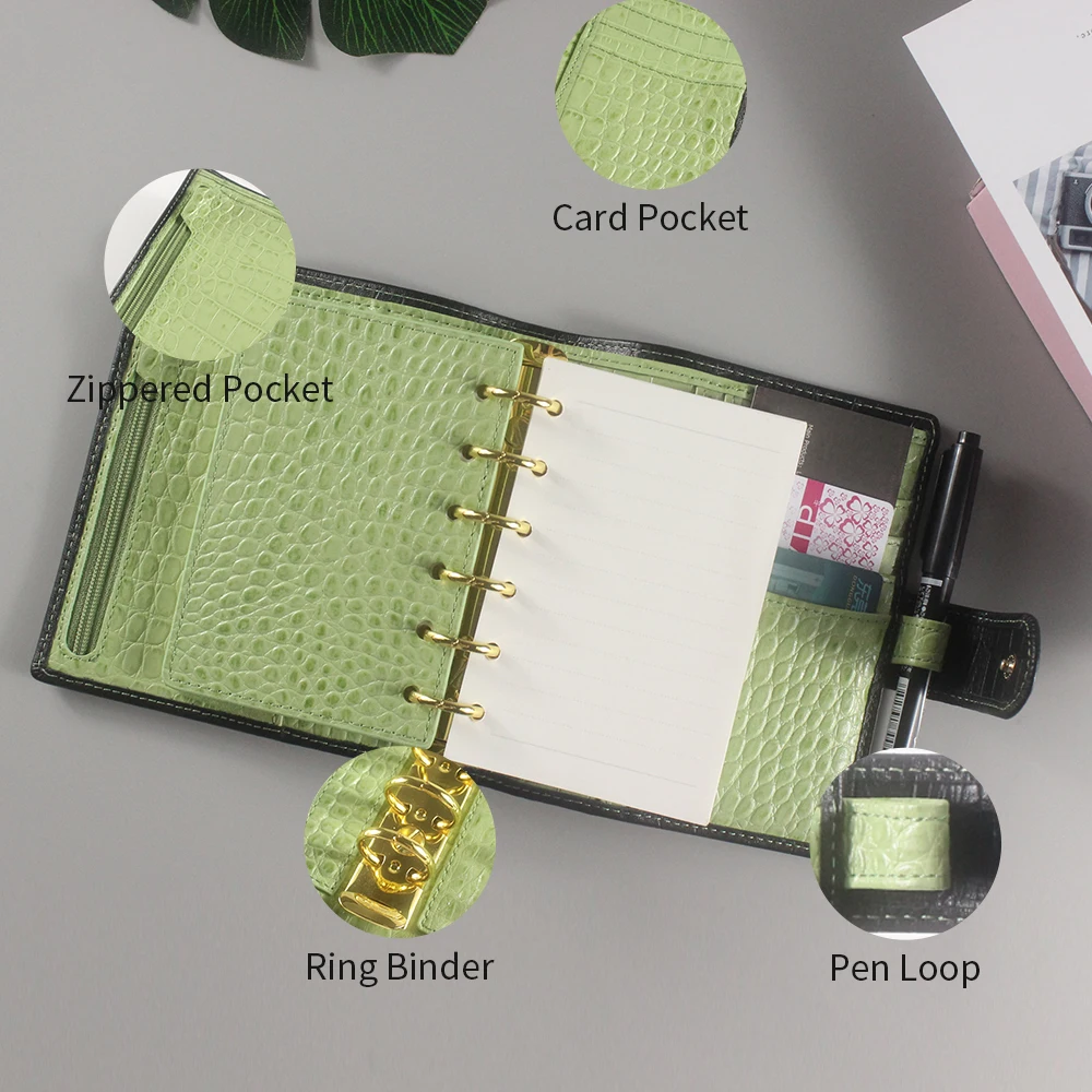 Custom A7 Small Luxury Unsex Loose Leaf Crocodile Leather Planner Binder Organizer Notebook with 6 Rings Binders