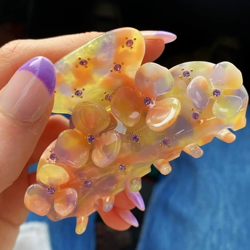 INS 7.5cm New French Vintage Flower Zircon Acetate Hair Clip Shark Grab Hairpin Fashion Hair Claw for Women Girls