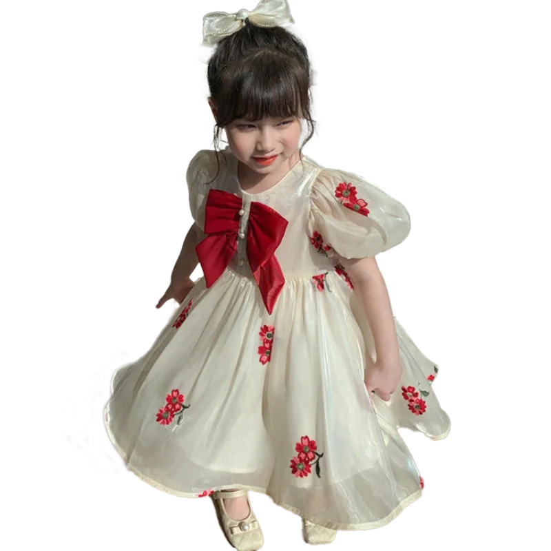 2-6 years children clothes red bow puff short sleeves girls floral embroidered flowers sweet princess girls dress for summer