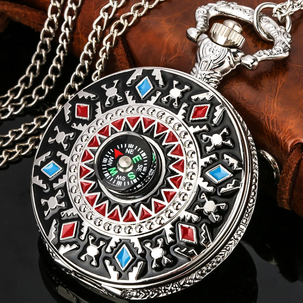 Indian Tribe Style Analog Quartz Movement Necklace Chain Pendant Antique Pocket Watch With Compass