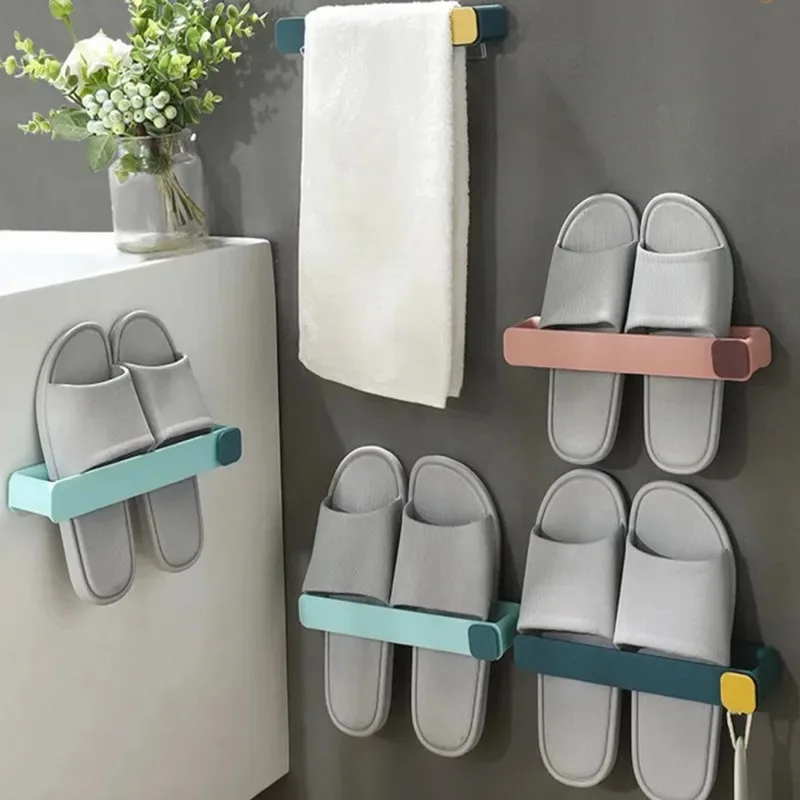 Wall Mounted Plastic Shoe Storage Rack With Hooks Plastic Slippers Shoes Organizer Home  Bathroom Pot Storage Shelf Shoe Holder