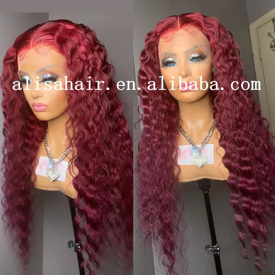 
Mink Brazilian Hair Vendor Alisa Gluless Deep Wave Lace Frontal Wig 99J Burgundy Wig with Baby Hair 