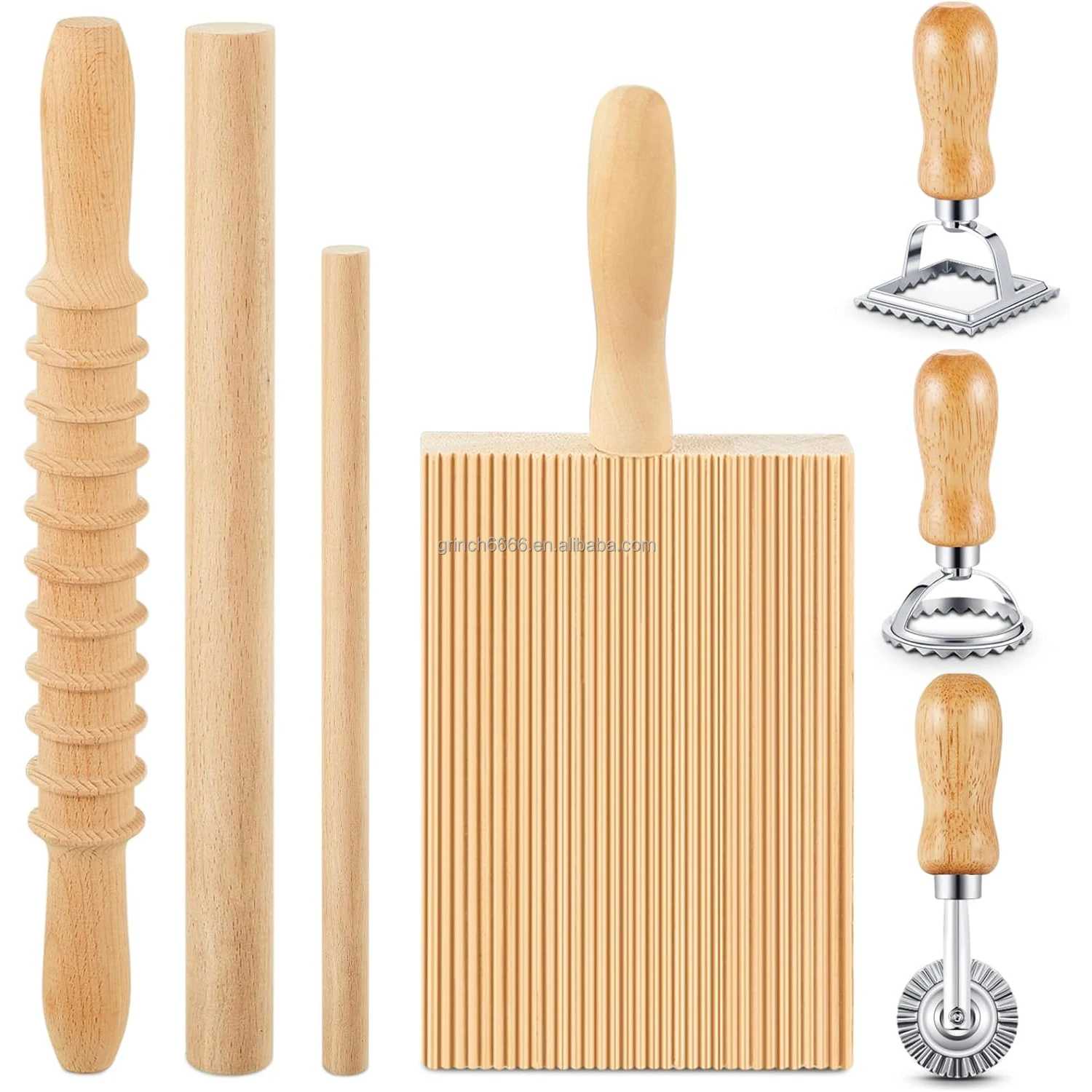 Pasta Making Tool Set Include 1 Wooden Cutter 1 Rolling Pin 1 Gnocchi Board Wood with Roller 3 Ravioli Stamp Maker Cutter