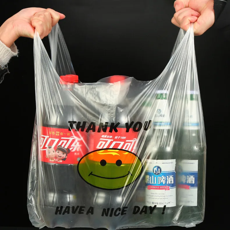 Оптовая продажа 2023, сумка-переноска для футболок, жилетов, прозрачная полиэтиленовая сумка для покупок, индивидуальный пластиковый пакет с улыбающимся лицом