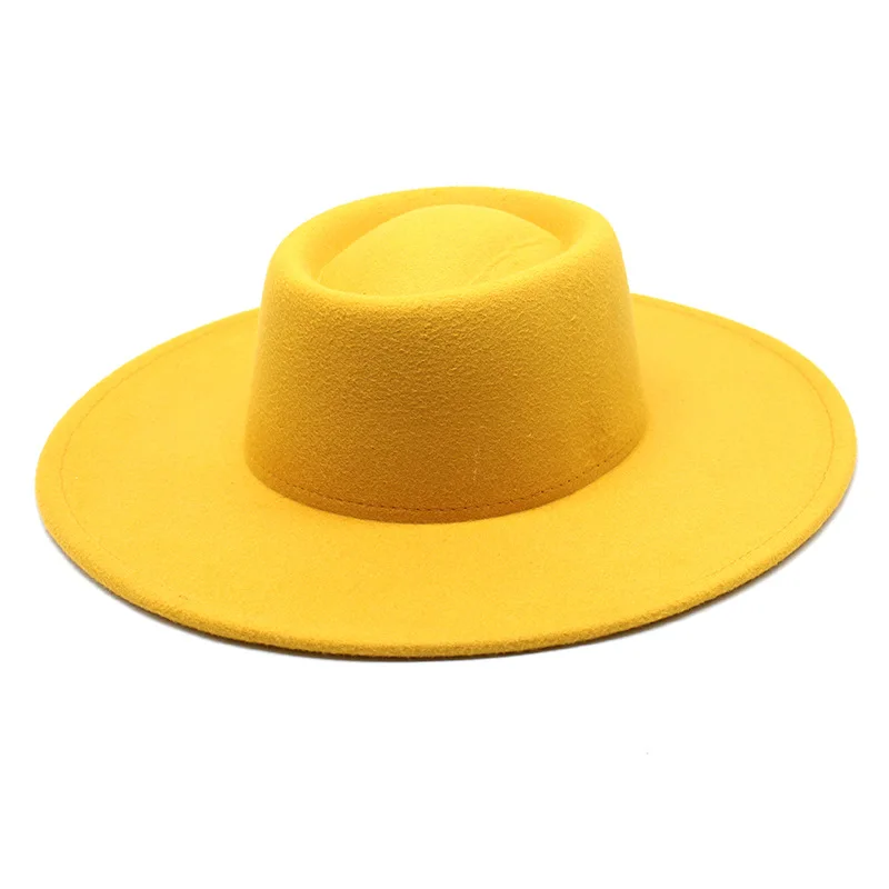 Low moq wholesale women men wide brim felt custom logo flat top fedora hats