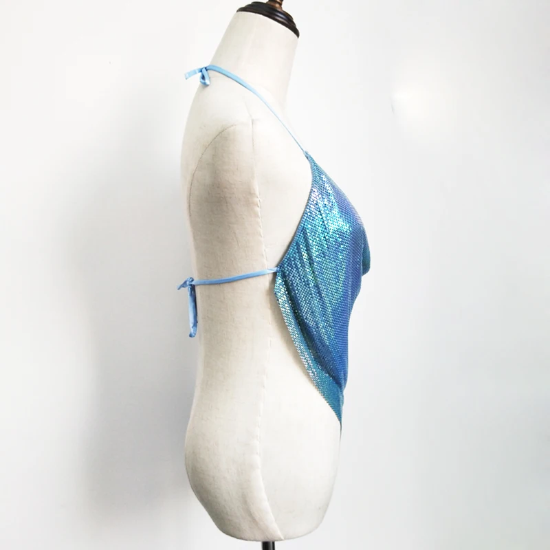 Summer Women Night Club Beach Wear Clothing Metallic Sequin Bikini Chain Mail Metal Mesh Crop Top